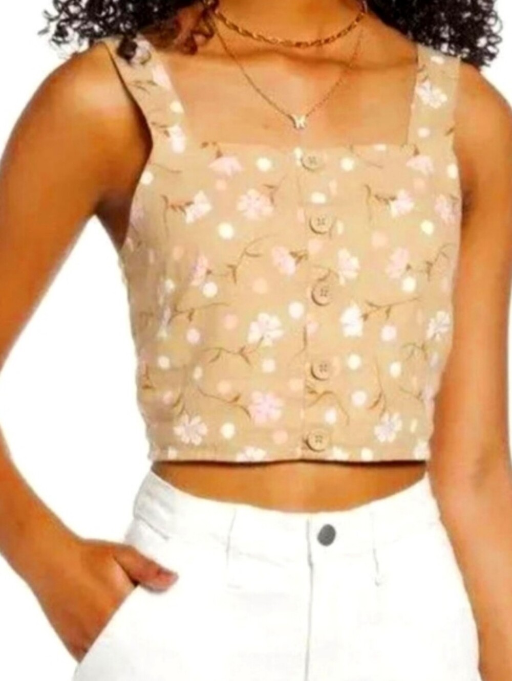 BP. Nordstrom Linen Blend Sophie Pink & Tan Floral Button Crop Top Size XS